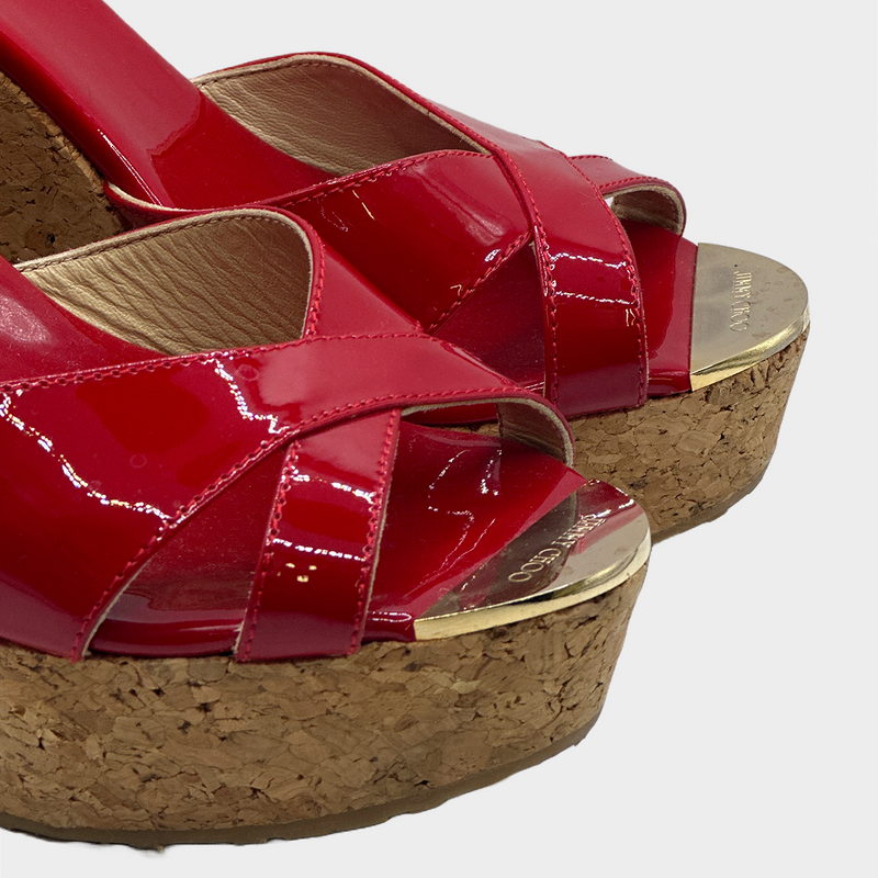 JIMMY CHOO women's red patent leather and cork wedges