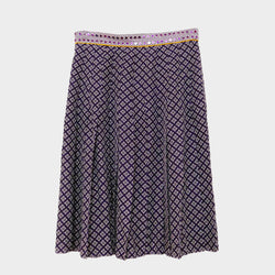 BOTTEGA VENETA women's purple gingham checkered silk pleated skirt with yellow piped trim
