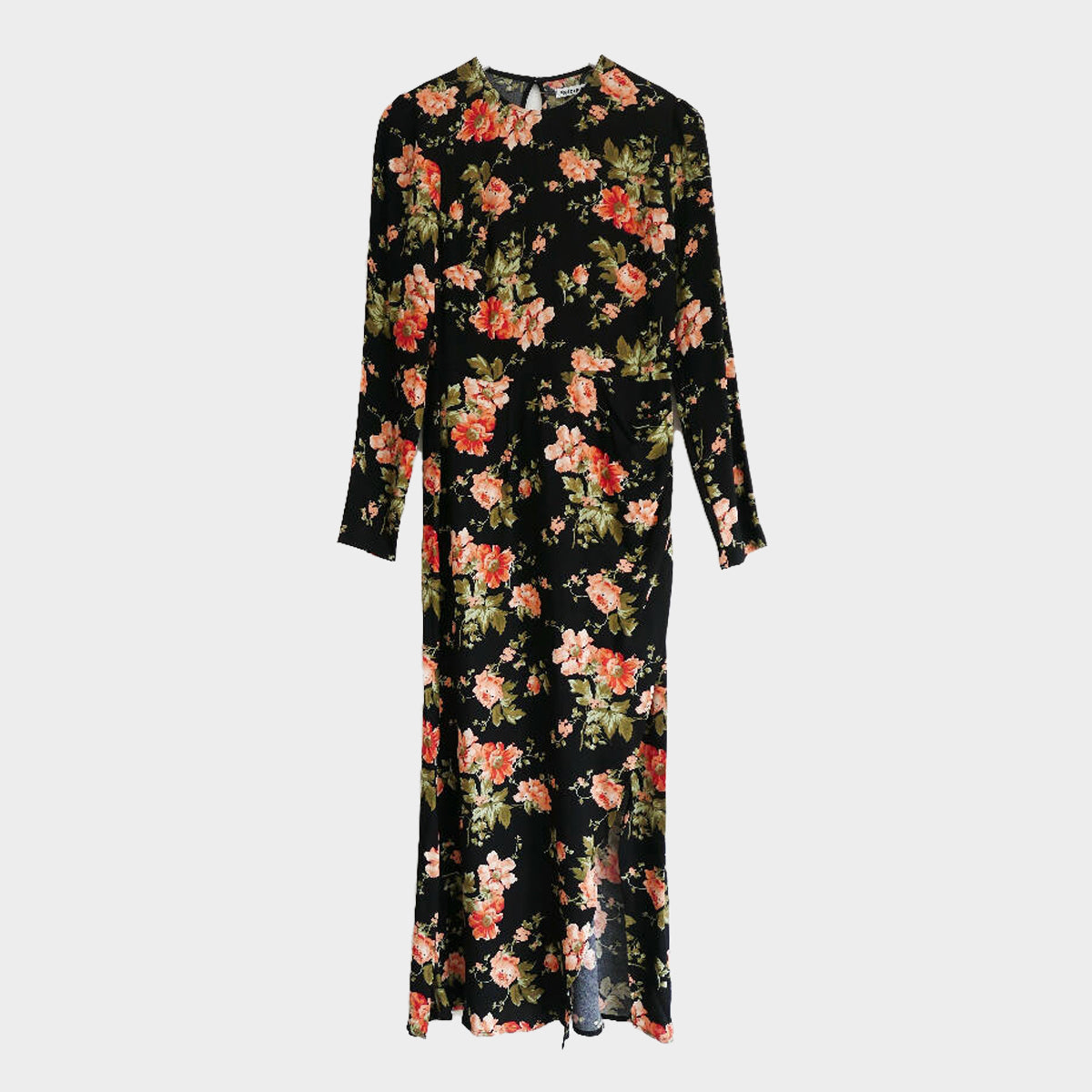 Reformation women's black and coral rose print long sleeve midi dress Loop Generation Reformation women's black and coral rose print long sleeve midi dress Loop Generation