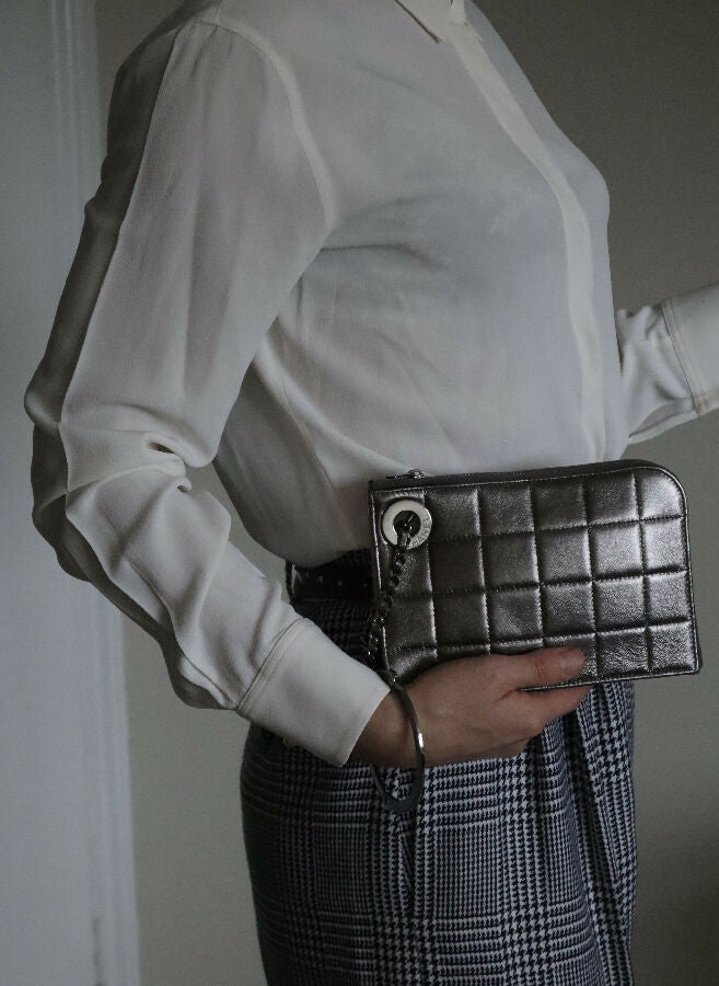 Chanel vintage gunmetal silver handcuff wristlet leather clutch bag