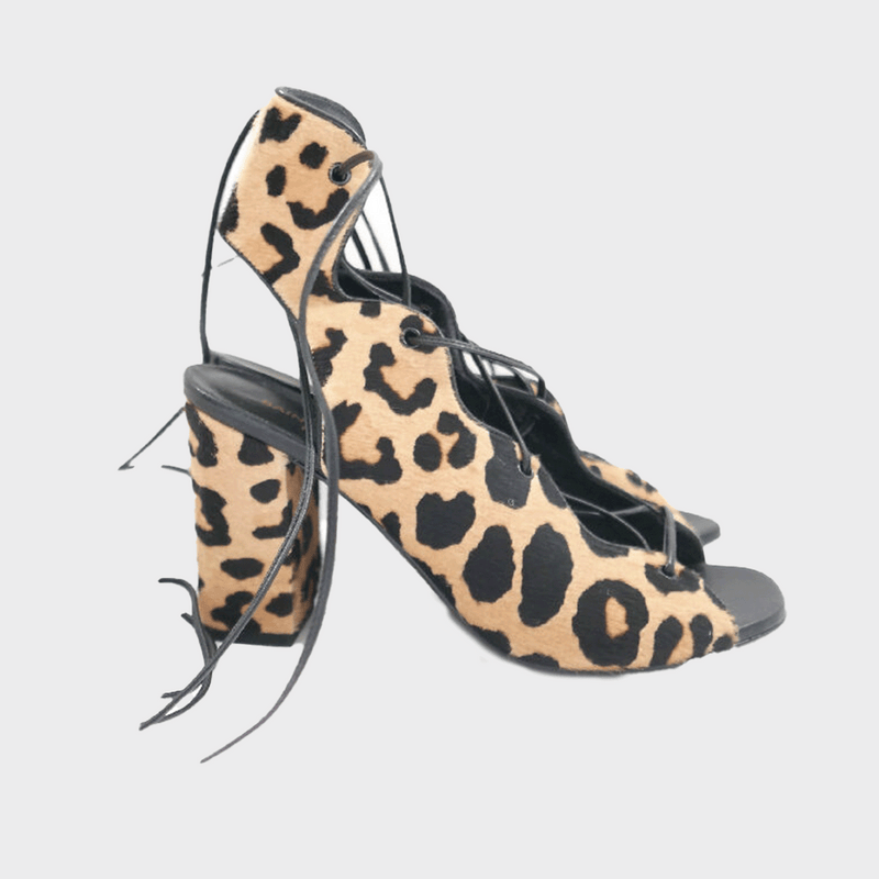 Saint Laurent leopard print calf hair lace-up sandals