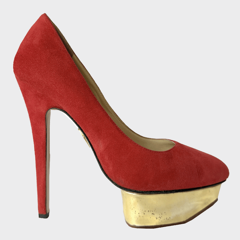 Charlotte Olympia women's red and gold Dolly heeled pumps