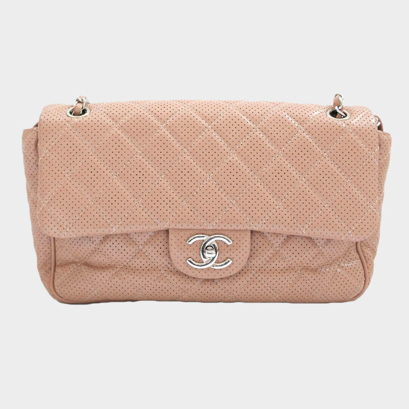 Chanel beige perforated quilted leather classic flap handbag
