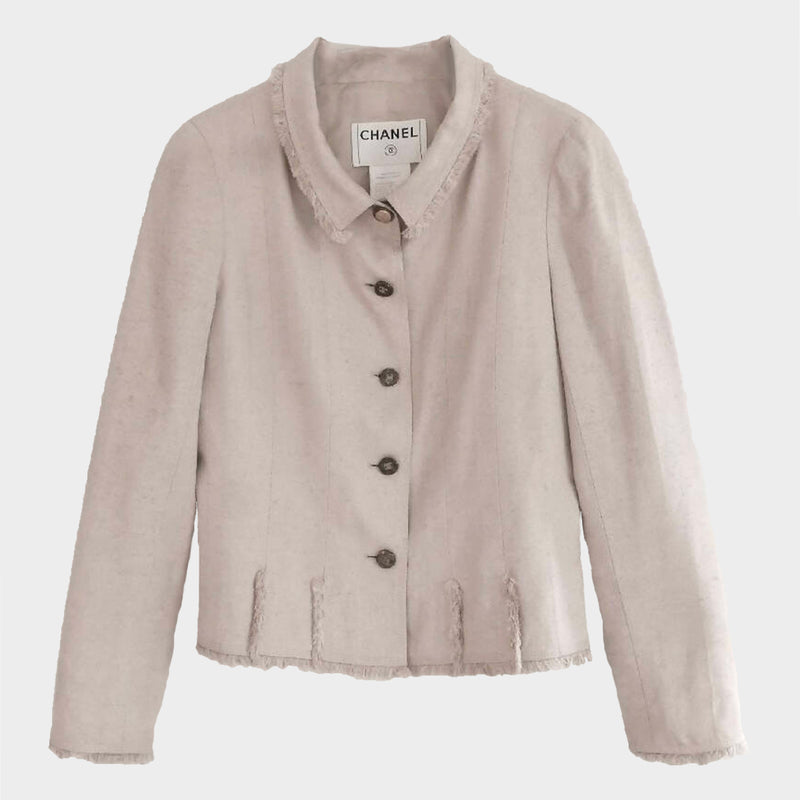 Chanel women’s beige silk vintage jacket with raw fringed hems