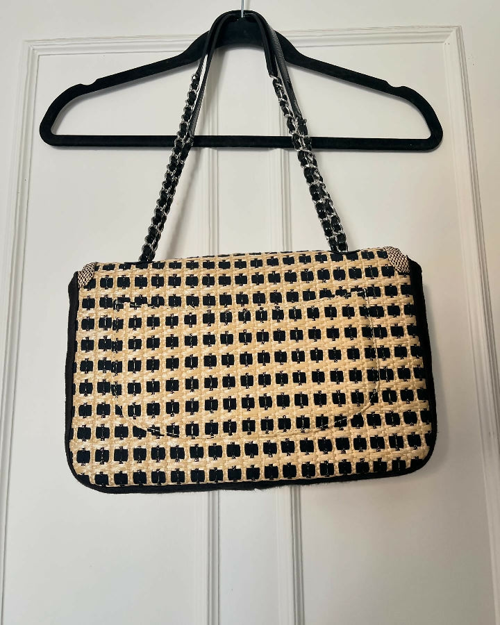 CHANEL black and beige raffia limited edition jumbo flap bag