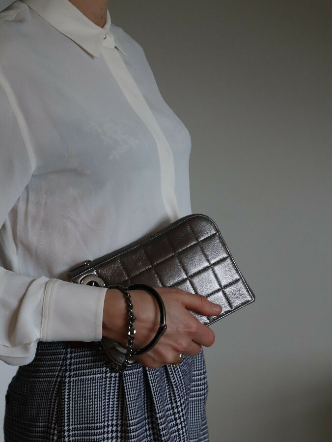 Chanel vintage gunmetal silver handcuff wristlet leather clutch bag