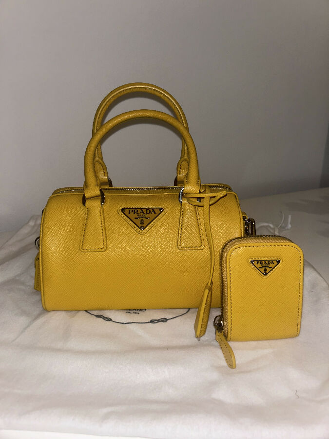 Prada yellow saffiano leather bauletto handbag with shoulder strap and pouch