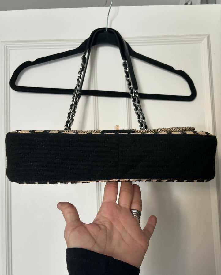 CHANEL black and beige raffia limited edition jumbo flap bag