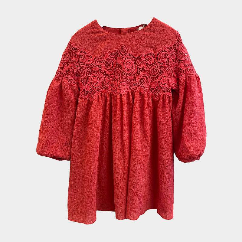 CHLOE Girls Embroidered Detail Crochet Dress in Red