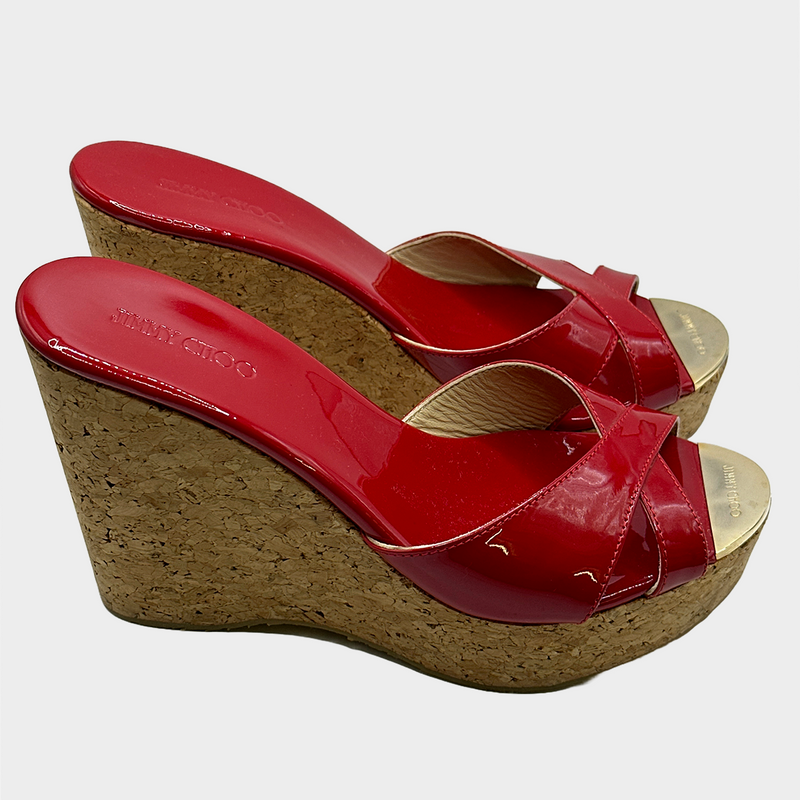 JIMMY CHOO women's red patent leather and cork wedges