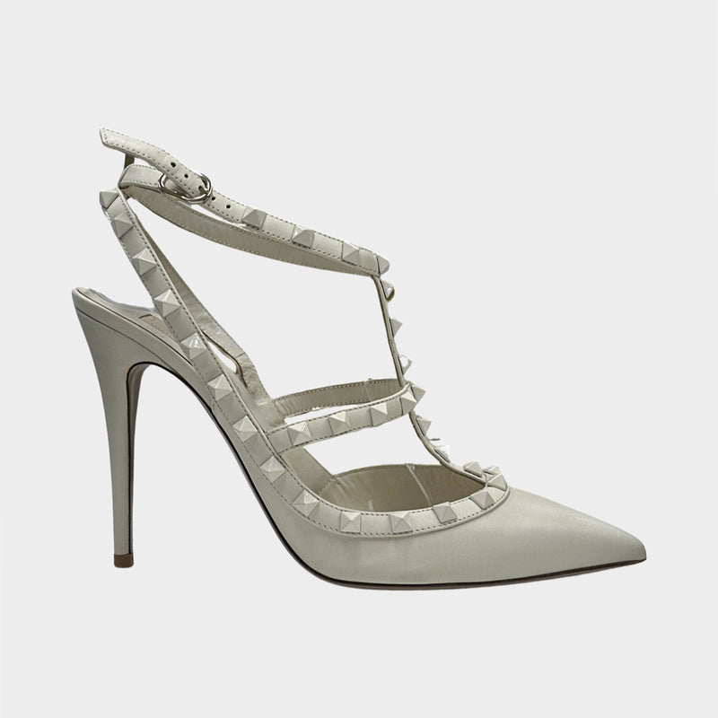 Valentino ecru patent leather caged pumps with rockstuds trims