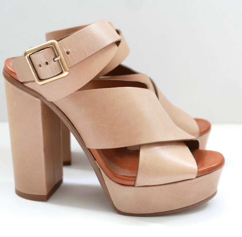 Chloe camel leather chunky strap platform sandals