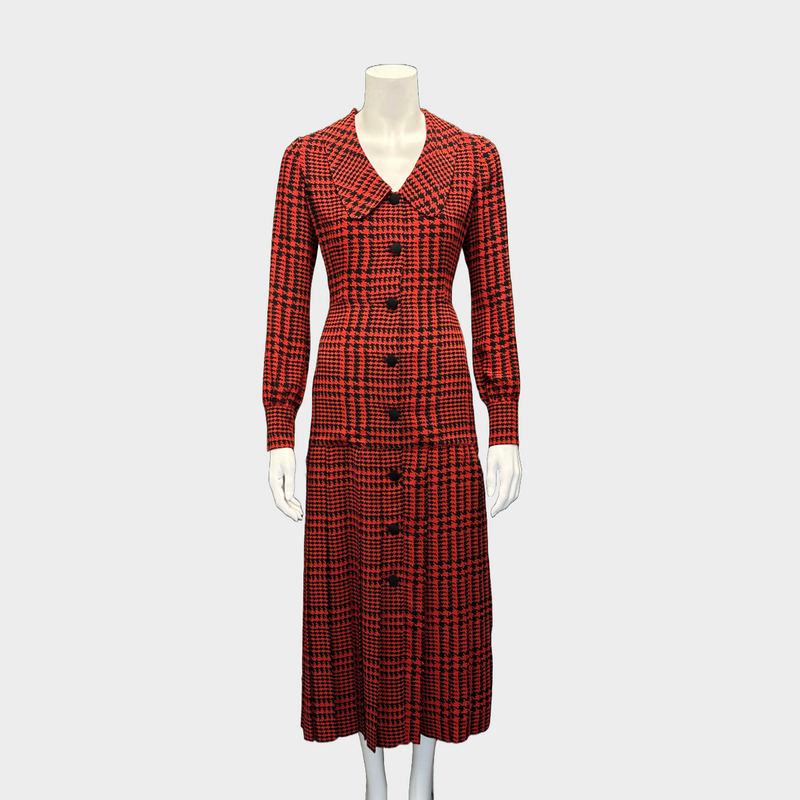 Alessandra Rich black and red houndstooth print silk mid-length dress