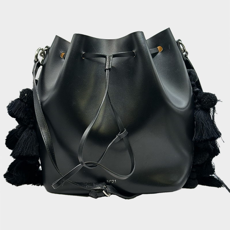Nº21 black structured bucket bag with side pompons