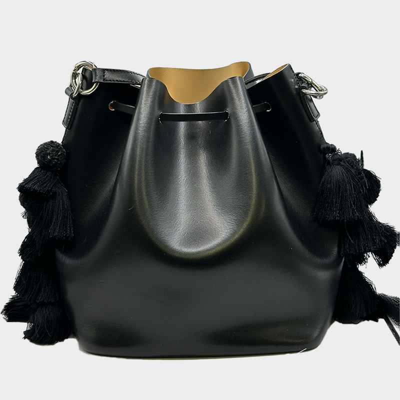 Nº21 black structured bucket bag with side pompons