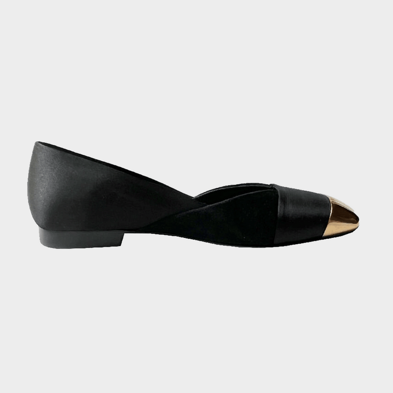Hermes women's black suede and satin metal cap-toe ballet flats
