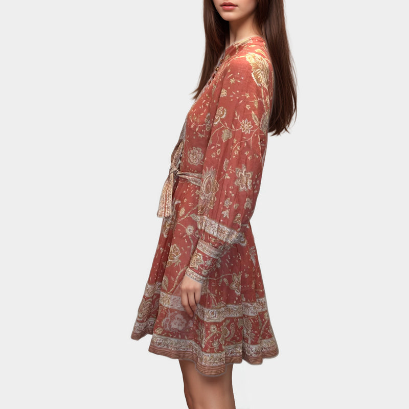Zimmerman red and beige flower print linen long sleeved buttoned dress