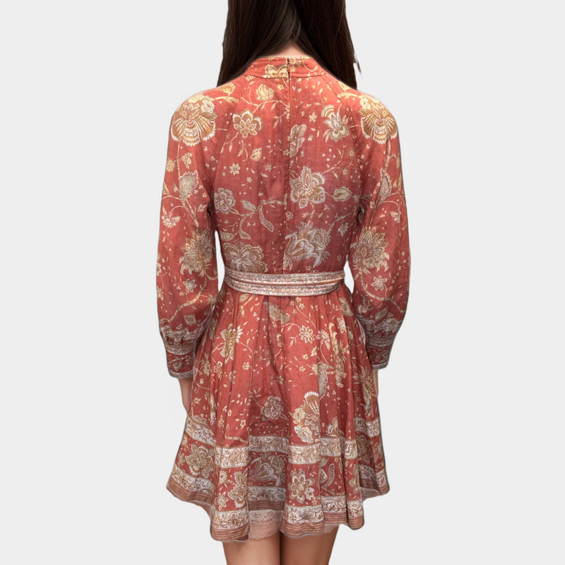 Zimmerman red and beige flower print linen long sleeved buttoned dress