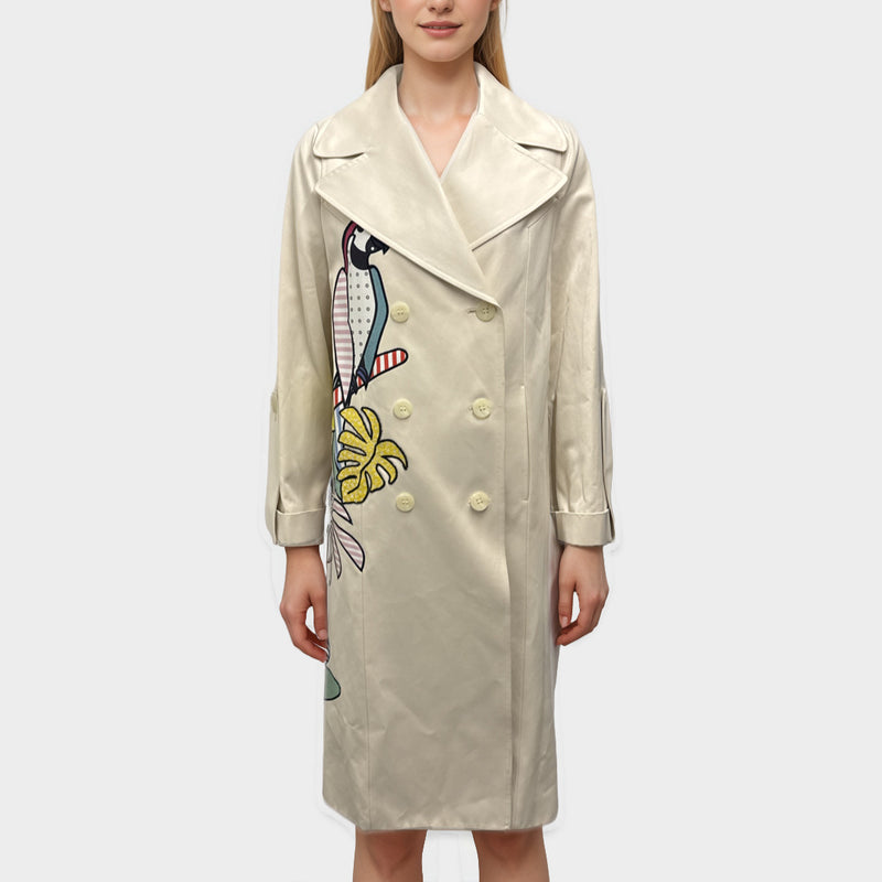 Mira Mikati Women's Beige with multicolour bird detail Trench Coat