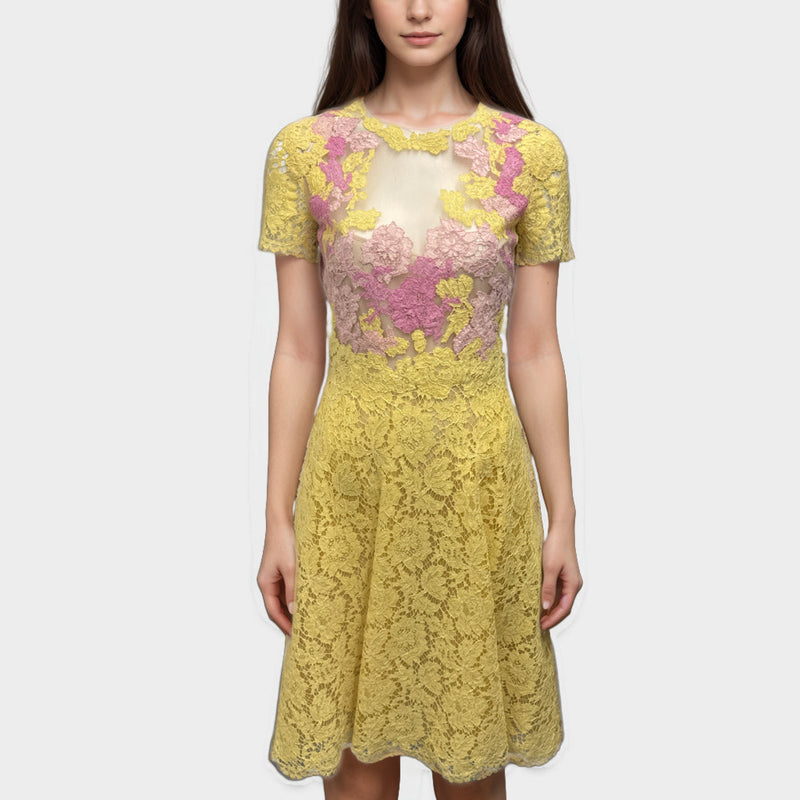 Valentino Yellow and Pink Lace Dress
