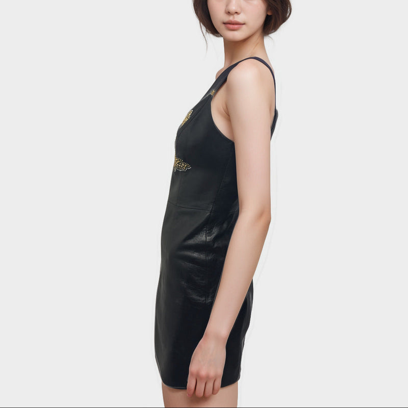Versace Black with beads and rhinestones leather mini Dress