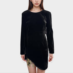 La Mania Black velvet evening mini Dress with gold details