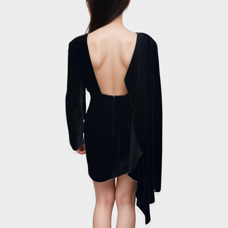 La Mania Black velvet evening mini Dress with gold details