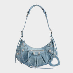 Balenciaga blue denim le cagole small shoulder bag with rhinestones embellishments