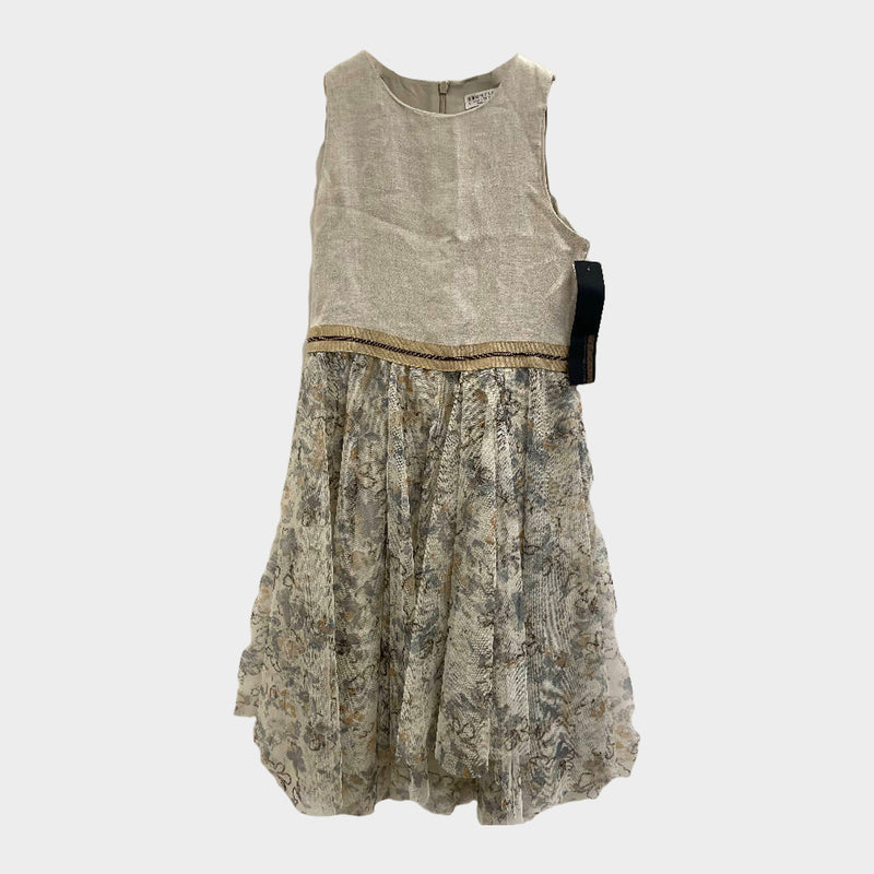 Brunello Cucinelli girl's beige flower print sleeveless dress