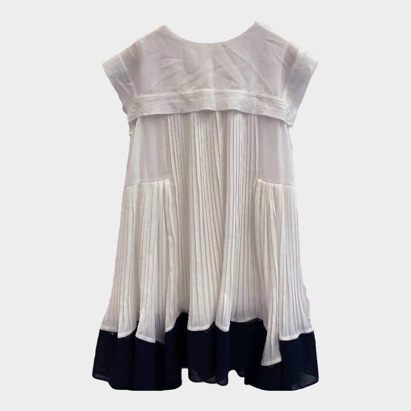 Chloé girl's white and navy short-sleeved pleated dress