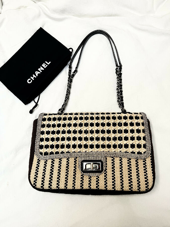 CHANEL black and beige raffia limited edition jumbo flap bag