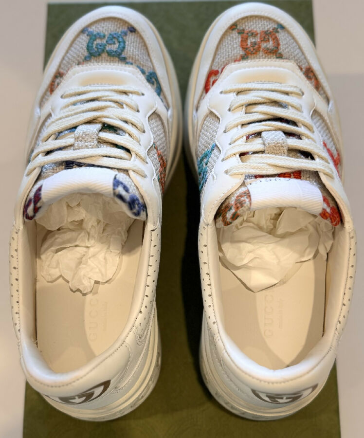 Gucci women's ecru sneakers with multicolour monogram embroidery