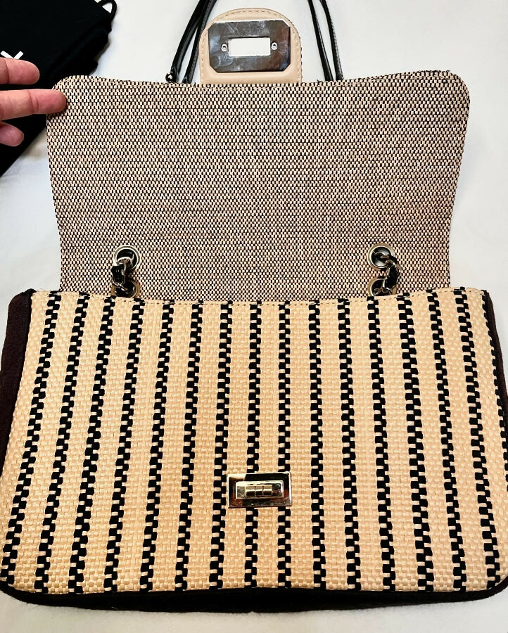 CHANEL black and beige raffia limited edition jumbo flap bag