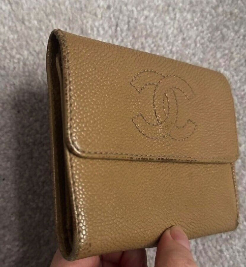 Chanel women’s beige caviar leather small wallet