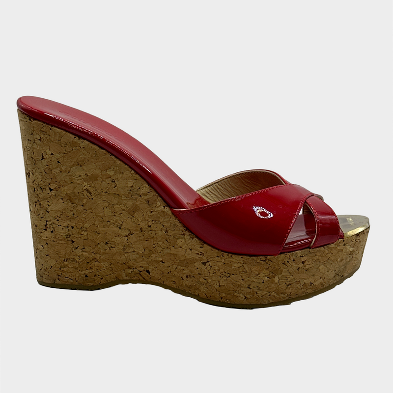 JIMMY CHOO women's red patent leather and cork wedges