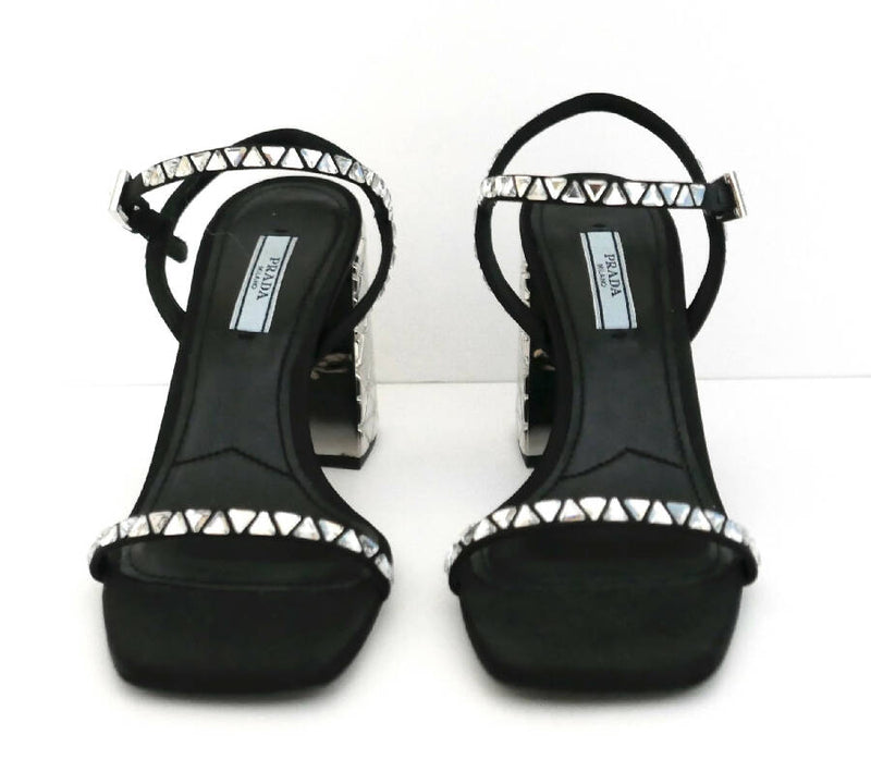 Prada silver and black leather Disco Ball heeled sandals