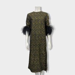pre-owned 16ARLINGTON gold and black feather dress | Size UK8