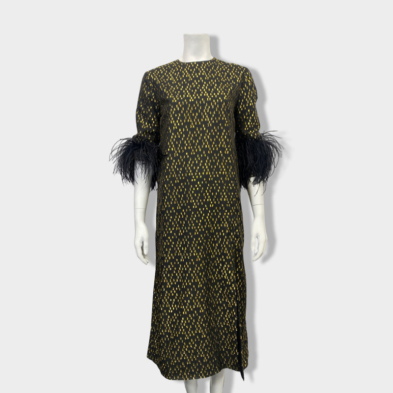 pre-owned 16ARLINGTON gold and black feather dress | Size UK8