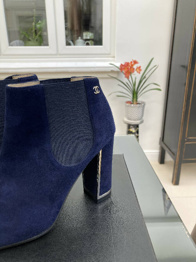 Chanel women’s navy suede block-heels ankle boots