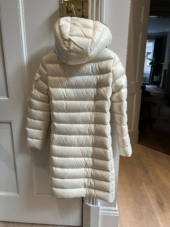 Moncler girl's off-white nylon Moka long puffer coat