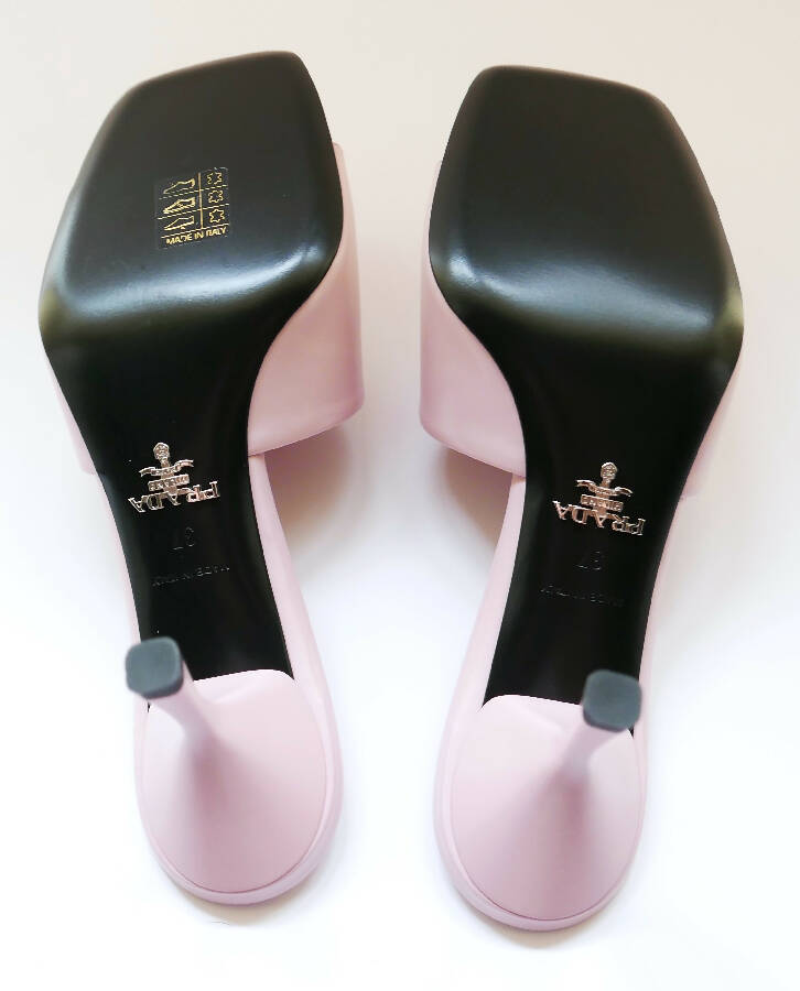 Prada women's light pink leather Triangle Logo heeled Mules