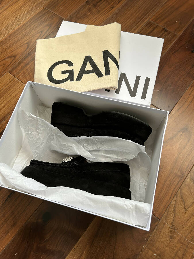Ganni women's black suede platform loafers with crystal flower embellishment