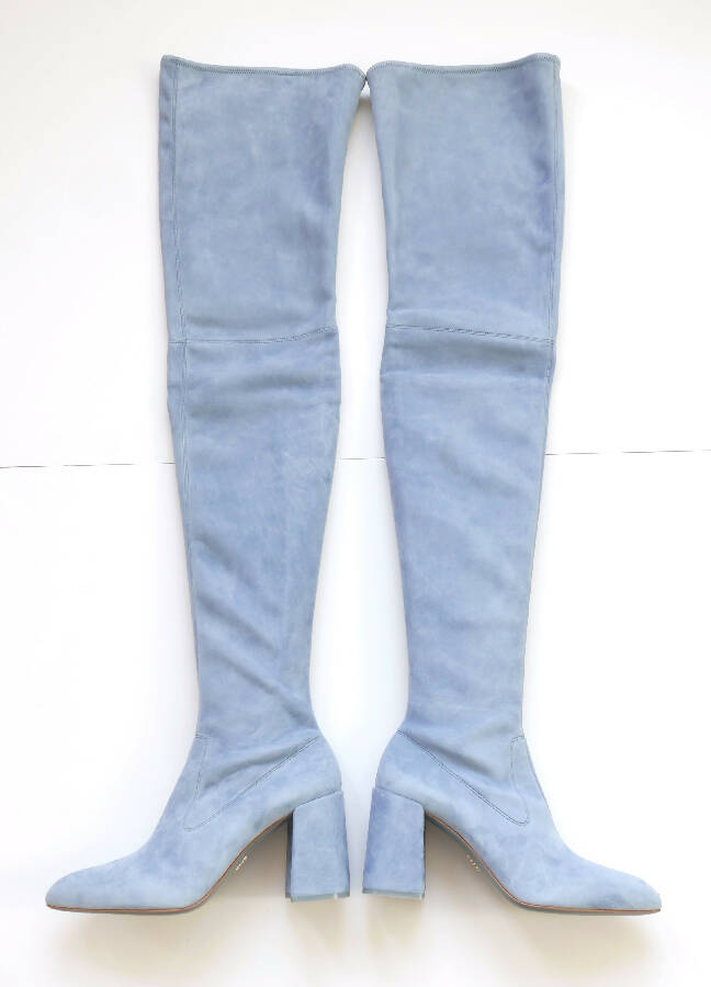 Prada light blue suede suede over-the-knee high boots