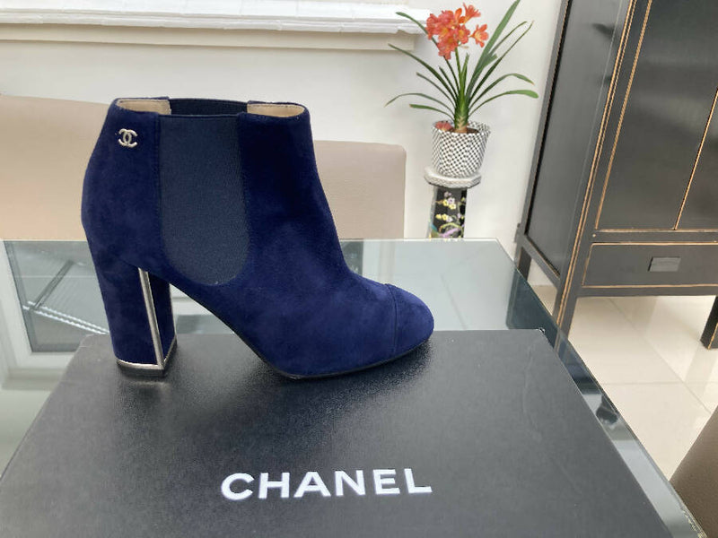 Chanel women’s navy suede block-heels ankle boots