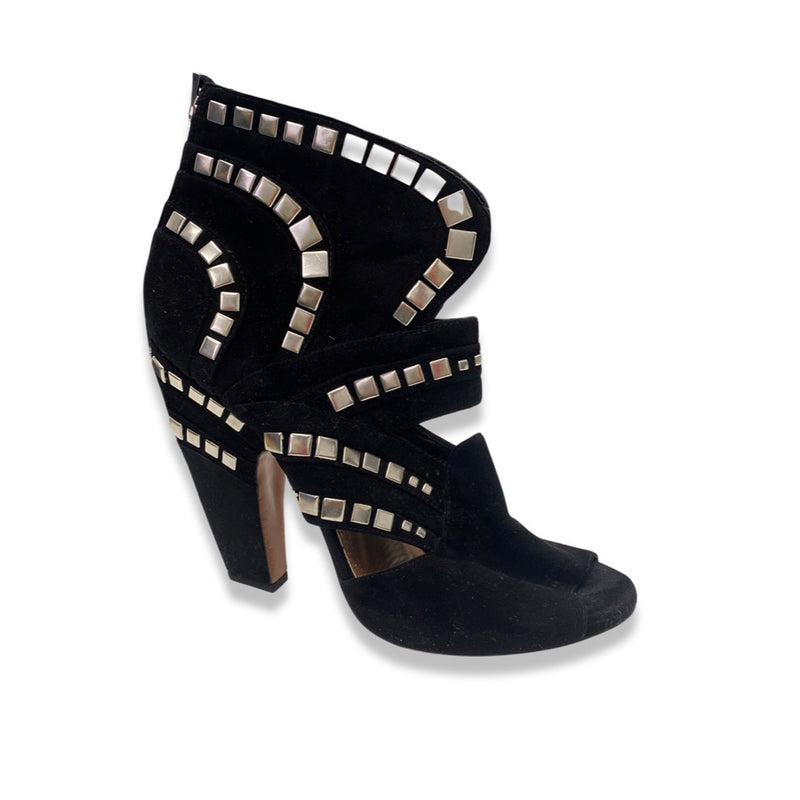 pre-owned ALAÏA black and silver studded open toe heeled ankle boots | Size 39.5