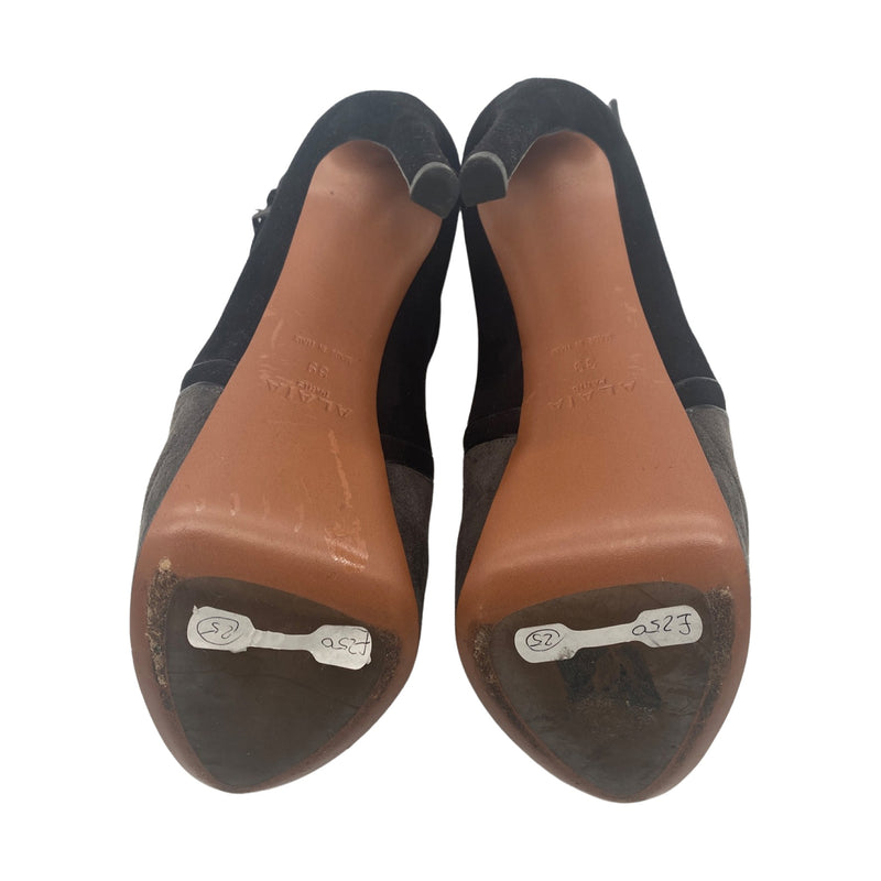 ALAÏA black and grey open toe suede platform heels
