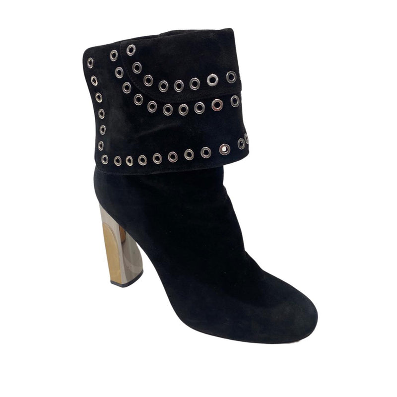 pre-owned ALEXANDER MCQUEEN black suede studded heeled boots | Size 38