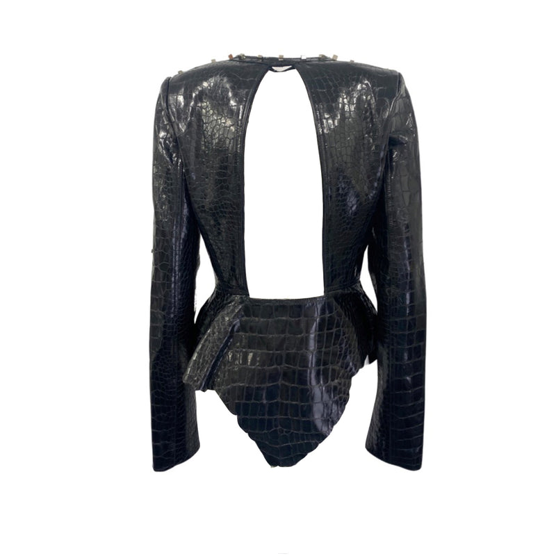 pre-loved ALEXANDER WANG black crocodile-effect open back leather jacket | Size UK8
