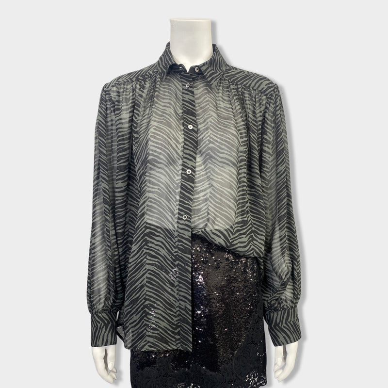 pre-owned ANINE BING green and black animal print silk blouse | Size S