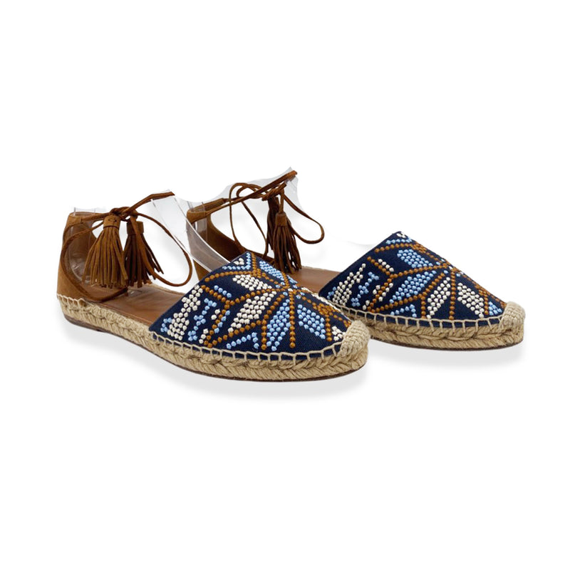 second-hand AQUAZZURA camel and navy suede espadrille sandals | Size 37.5